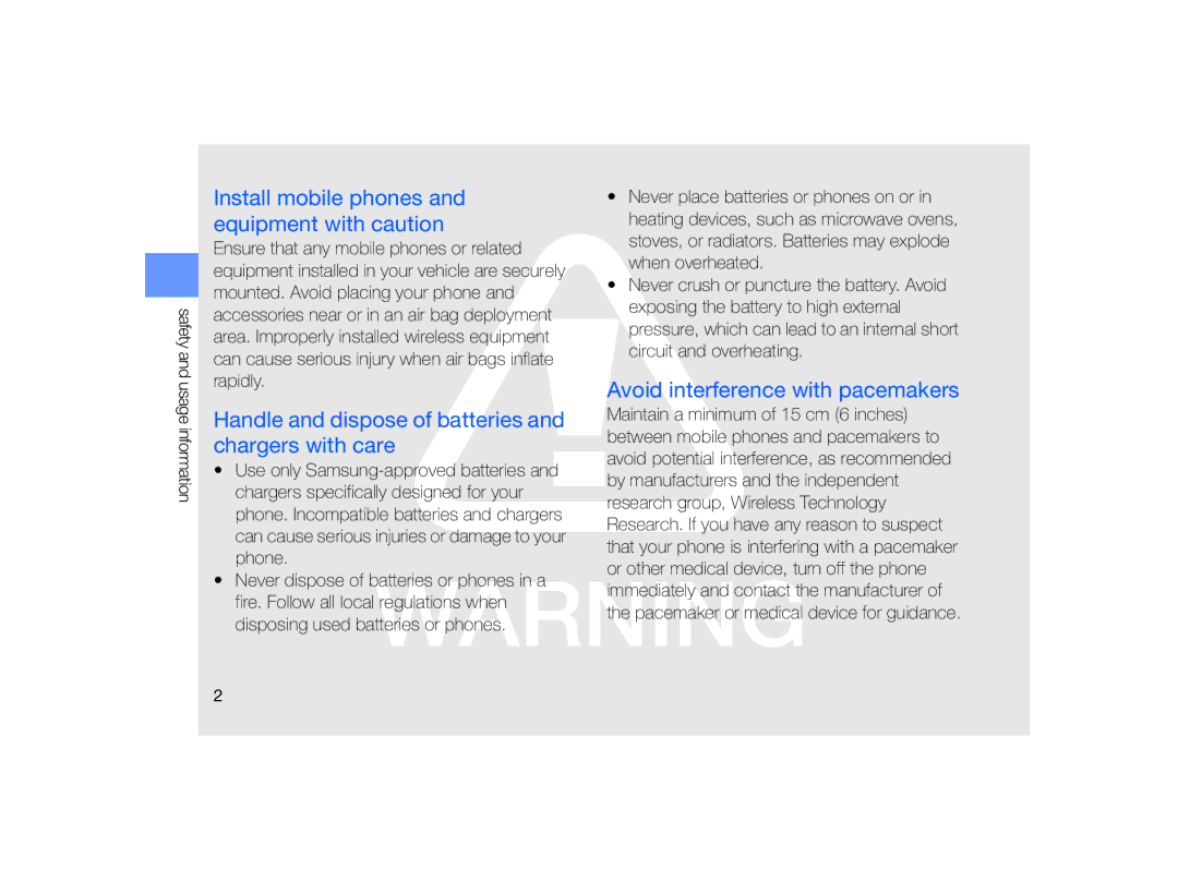 Samsung MUGM8800DKASTD manual Install mobile phones and equipment with caution, Avoid interference with pacemakers 