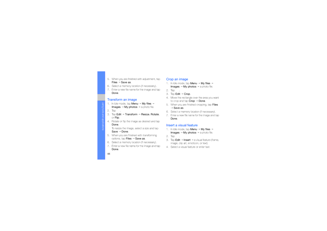 Samsung MUGM8800DKASTD manual Transform an image, Crop an image, Insert a visual feature 