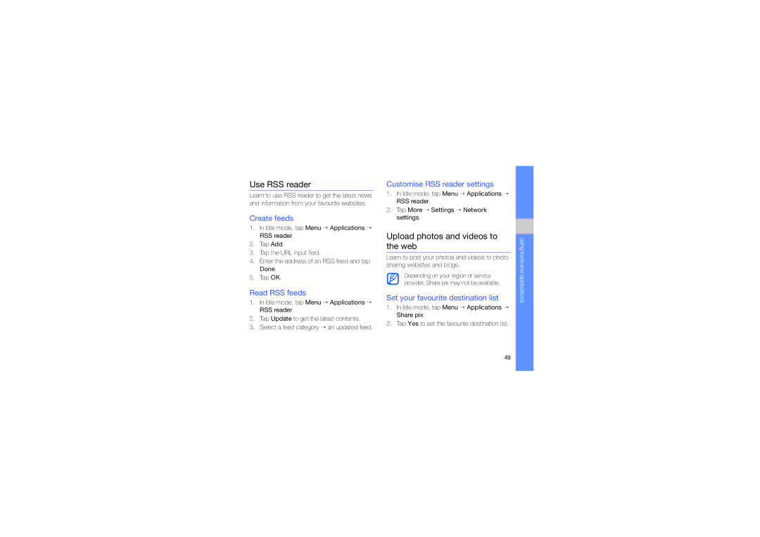 Samsung MUGM8800DKASTD manual Use RSS reader, Upload photos and videos to the web 