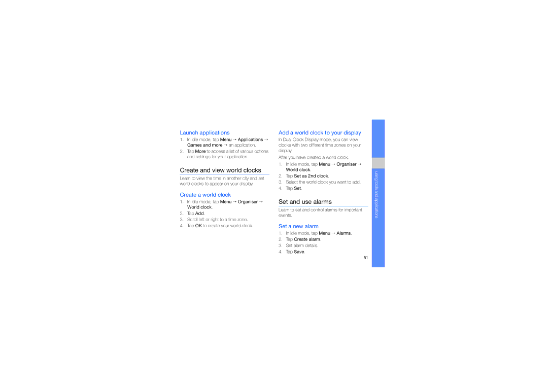 Samsung MUGM8800DKASTD manual Create and view world clocks, Set and use alarms 