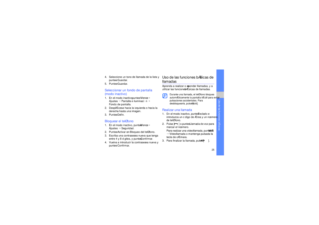 Samsung MUGM8800DKASTD manual Uso de las funciones básicas de llamadas, Seleccionar un fondo de pantalla modo inactivo 