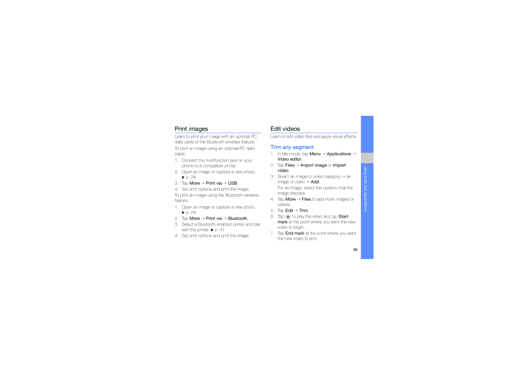 Samsung MUGM8800DKASTD manual Print images, Edit videos, Trim any segment 