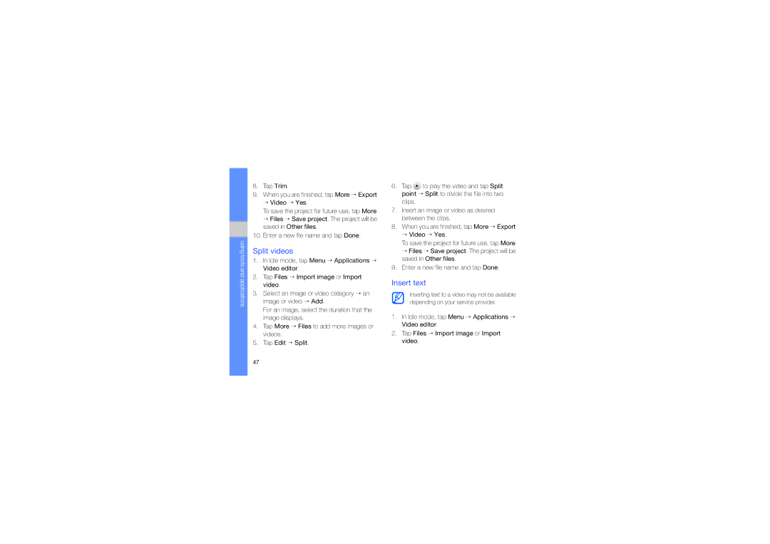 Samsung MUGM8800DKASTD manual Split videos, Insert text 