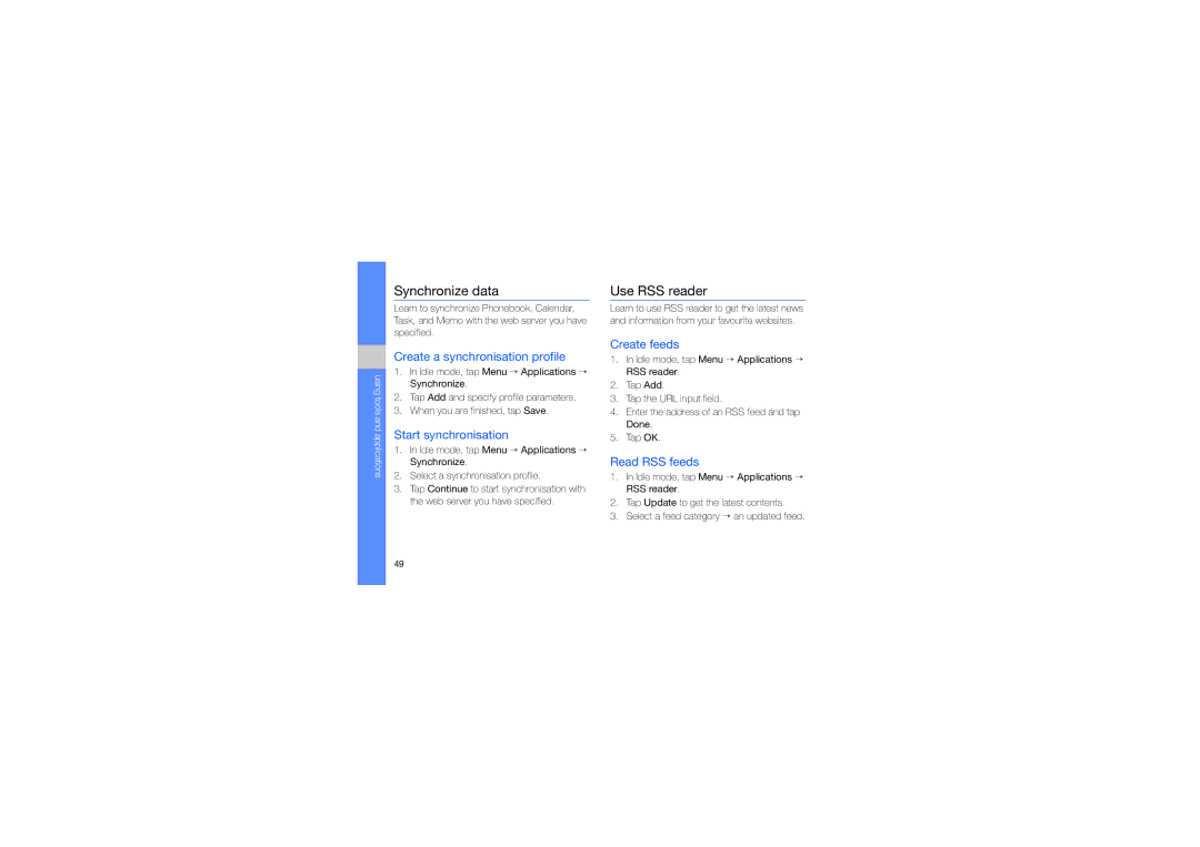 Samsung MUGM8800DKASTD manual Synchronize data, Use RSS reader 