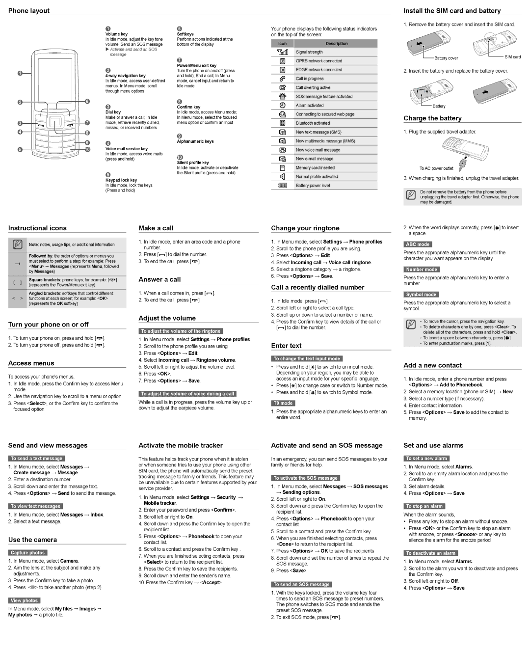 Samsung MUGS3310ASASTD Phone layout Install the SIM card and battery, Charge the battery, Instructional icons, Make a call 