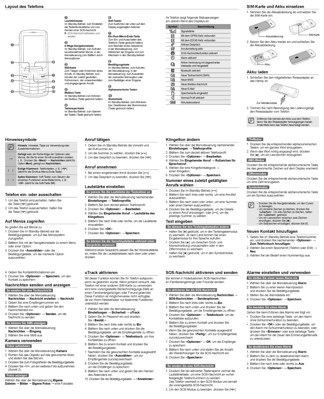 Samsung MUGS3310ASASTD Layout des Telefons SIM-Karte und Akku einsetzen, Akku laden, Hinweissymbole, Auf Menüs zugreifen 