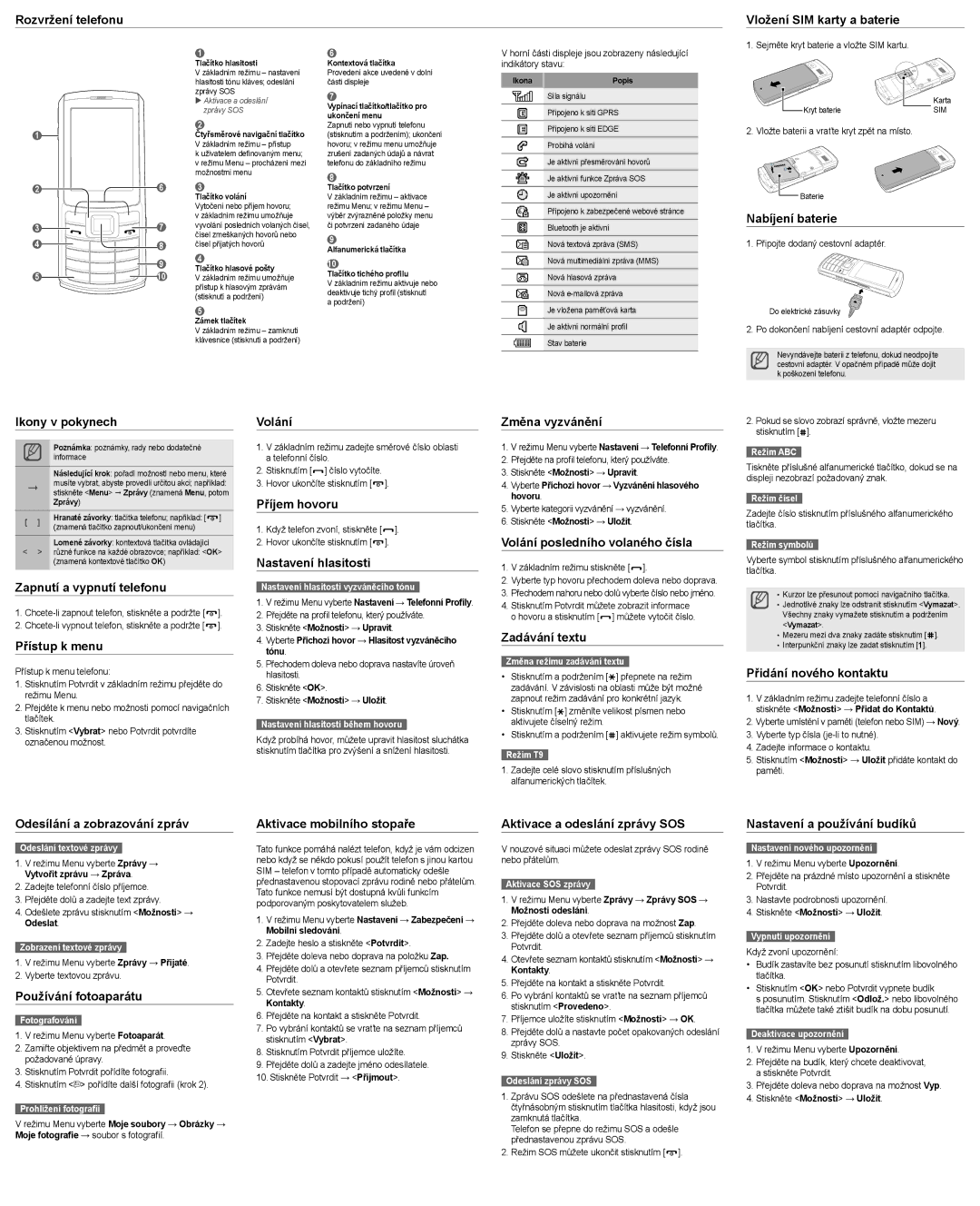 Samsung MUGS3310ASASTD Rozvržení telefonu Vložení SIM karty a baterie, Nabíjení baterie, Ikony v pokynech, Přístup k menu 