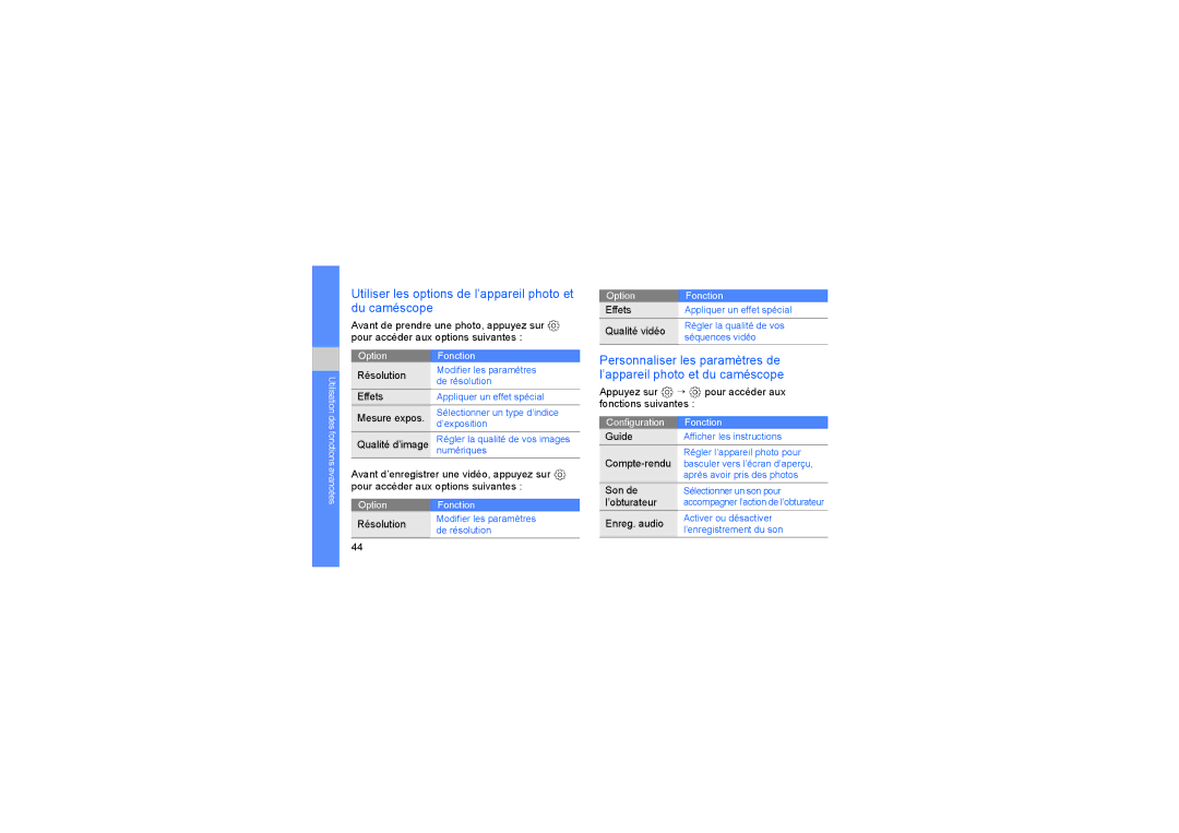 Samsung MUGS5230LPEXEF manual Utiliser les options de l’appareil photo et du caméscope 