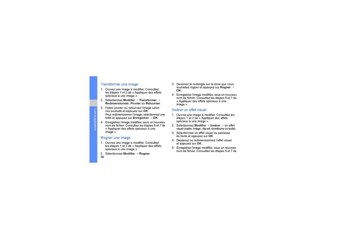 Samsung MUGS5230LPEXEF manual Transformer une image, Rogner une image, Insérer un effet visuel 