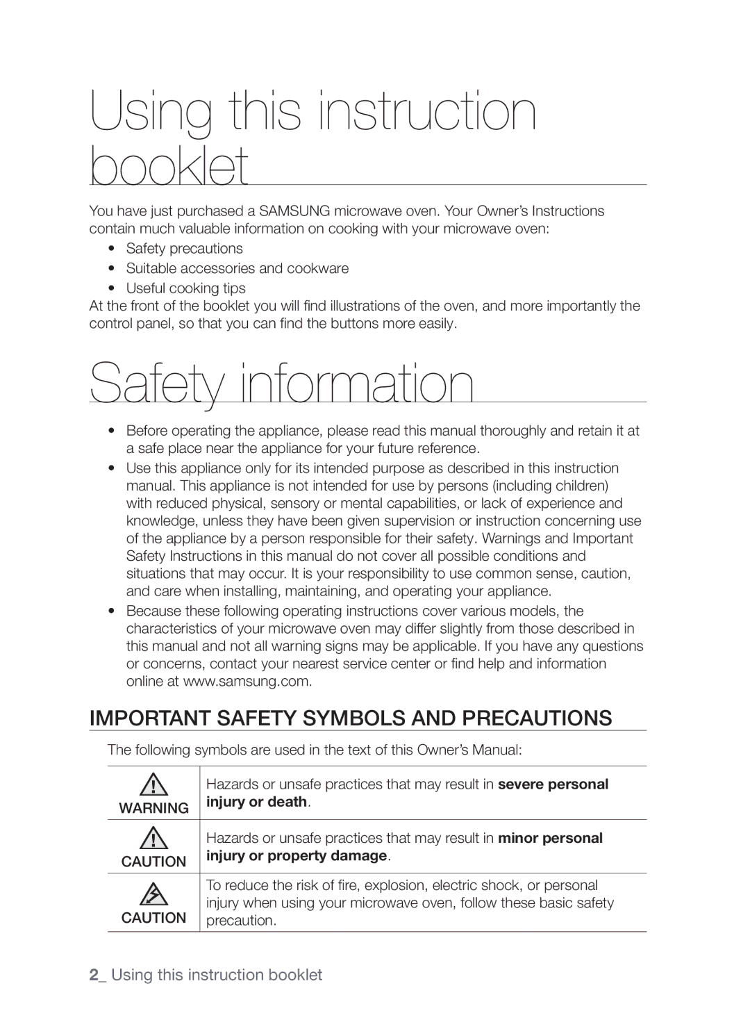 Samsung MW0113M/ZAM manual Using this instruction booklet, Safety information, Important safety symbols and precautions 