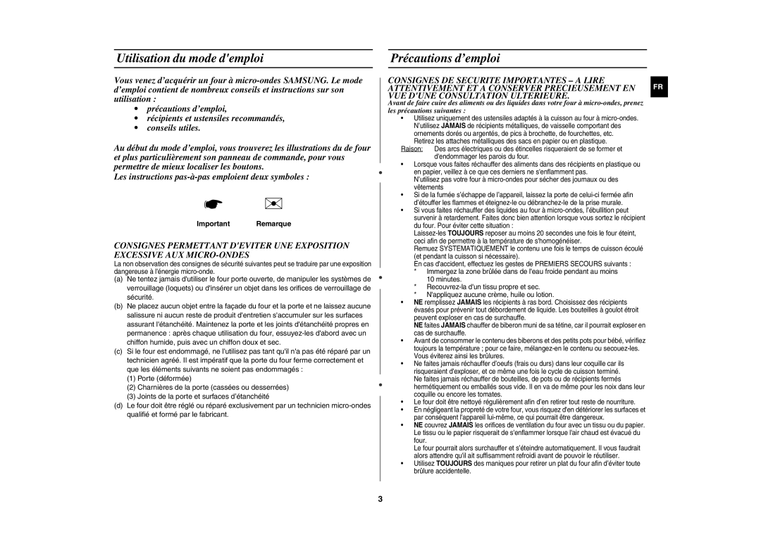 Samsung MW101P-SX/XEF manual Utilisation du mode demploi, Précautions d’emploi, Important Remarque 