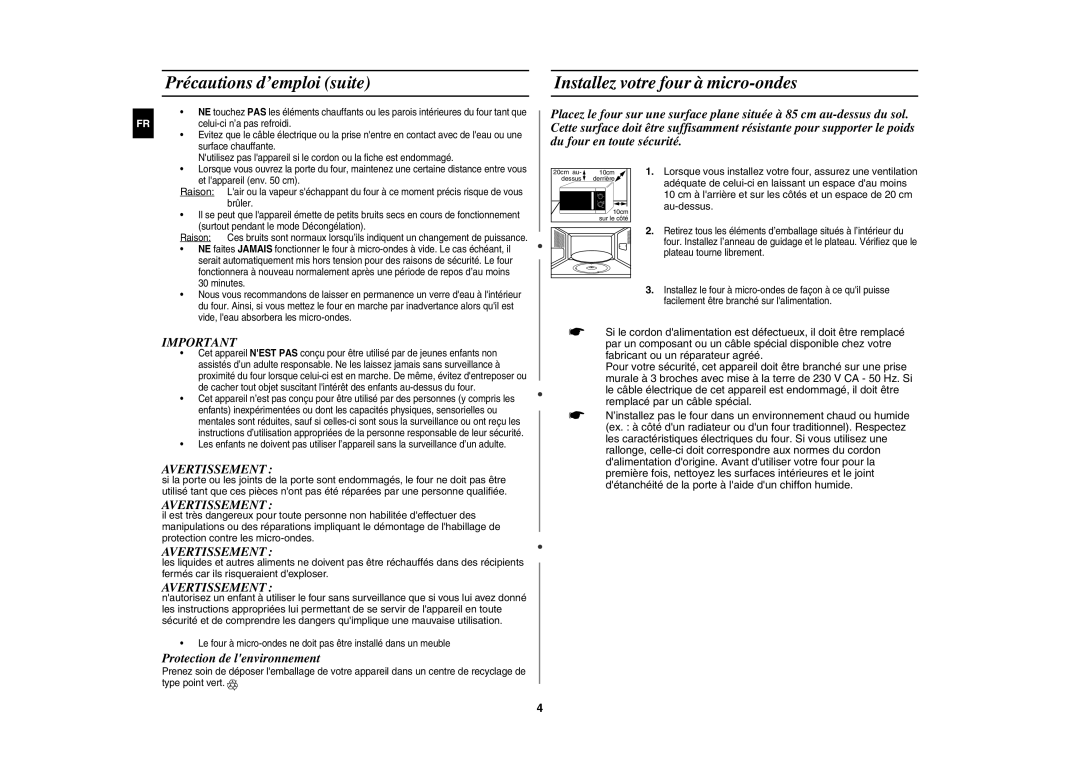 Samsung MW101P-SX/XEF manual Précautions d’emploi suite, Installez votre four à micro-ondes, Protection de lenvironnement 