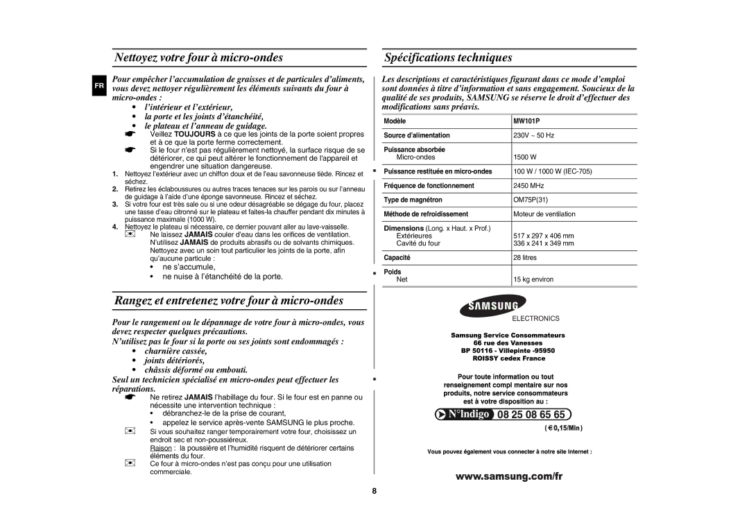 Samsung MW101P-SX/XEF manual Nettoyez votre four à micro-ondes Spécifications techniques 