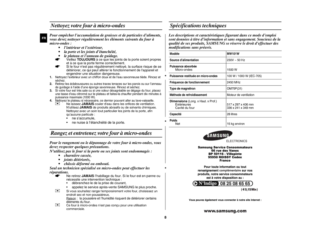 Samsung MW101W-X/XEF manual Nettoyez votre four à micro-ondes Spécifications techniques 