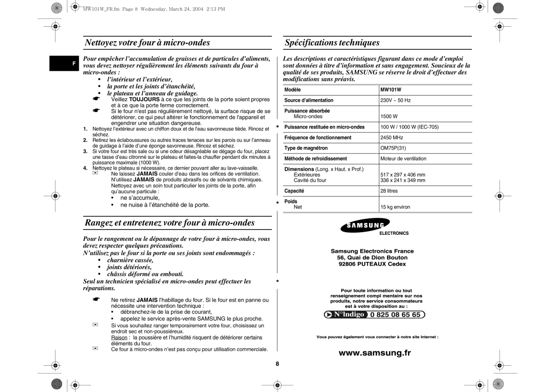 Samsung MW101W/XEF manual Nettoyez votre four à micro-ondes, Spécifications techniques 