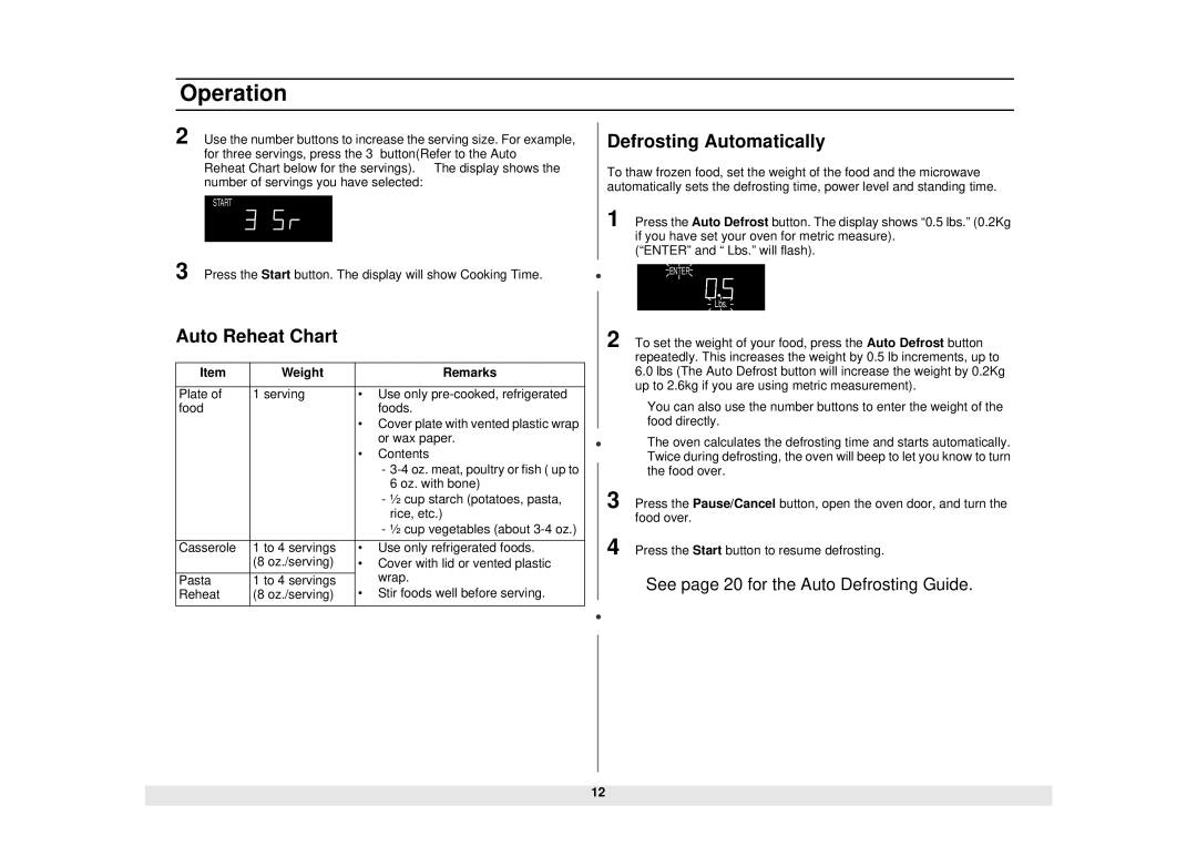 Samsung MW1020WA, MW1020BA manual Auto Reheat Chart, Defrosting Automatically 