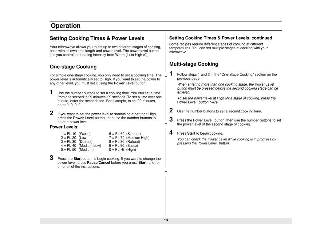 Samsung MW1020BA, MW1020WA manual Setting Cooking Times & Power Levels, One-stage Cooking, Multi-stage Cooking 