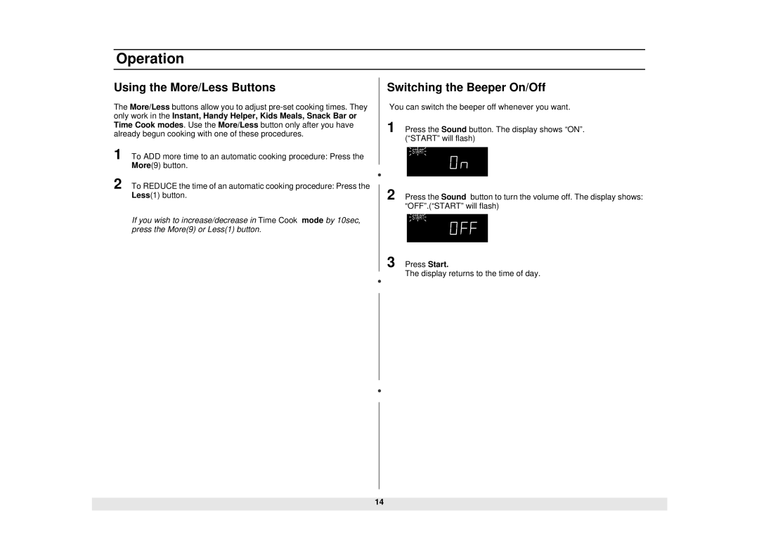 Samsung MW1020WA, MW1020BA manual Using the More/Less Buttons, Switching the Beeper On/Off 