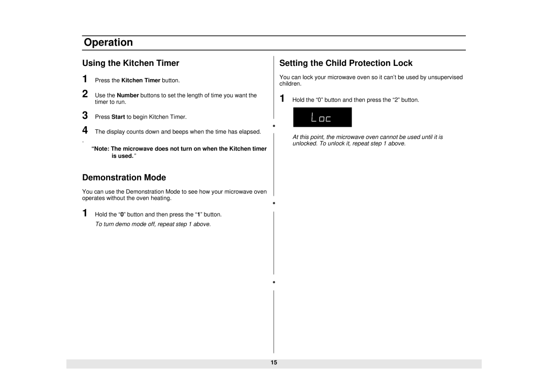 Samsung MW1020BA, MW1020WA manual Using the Kitchen Timer, Demonstration Mode, Setting the Child Protection Lock 