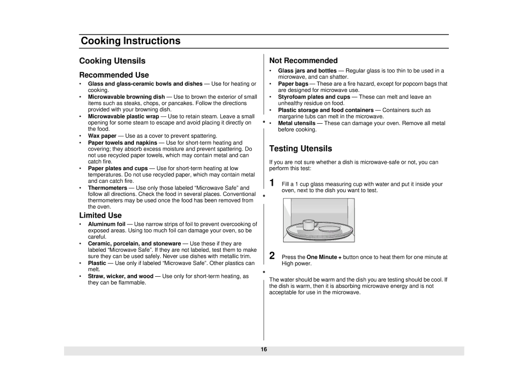 Samsung MW1020WA, MW1020BA manual Cooking Instructions, Cooking Utensils, Testing Utensils 