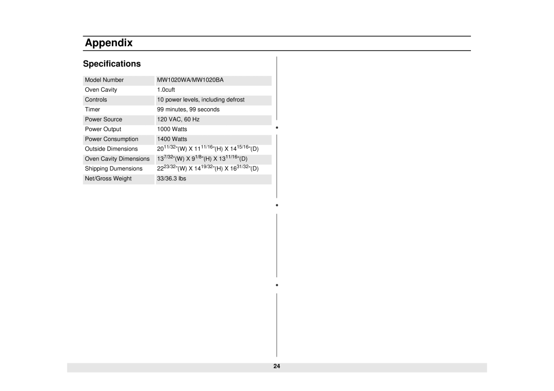 Samsung MW1020WA, MW1020BA manual Specifications 