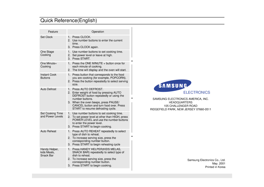 Samsung MW1020WA, MW1020BA manual Quick ReferenceEnglish, Electronics 