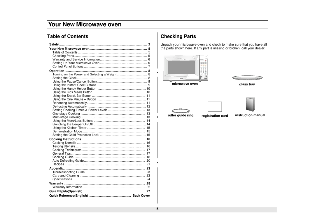 Samsung MW1020BA, MW1020WA manual Your New Microwave oven, Table of Contents, Checking Parts 