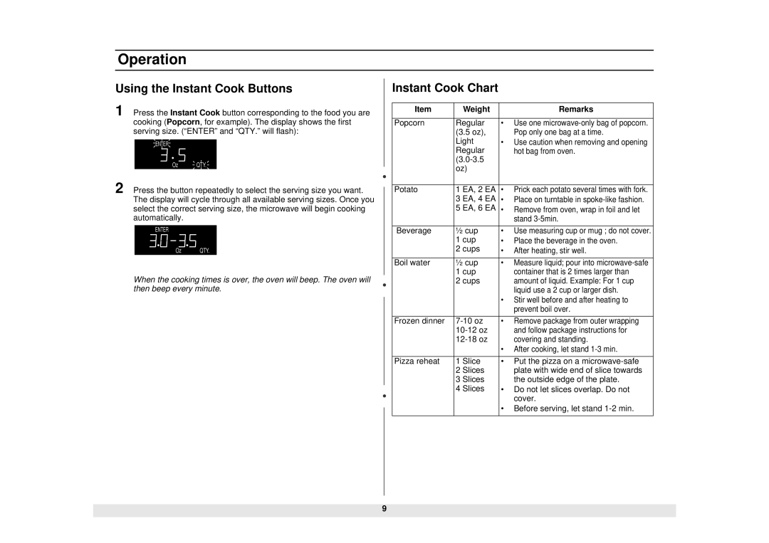 Samsung MW1020BA, MW1020WA manual Using the Instant Cook Buttons, Instant Cook Chart 