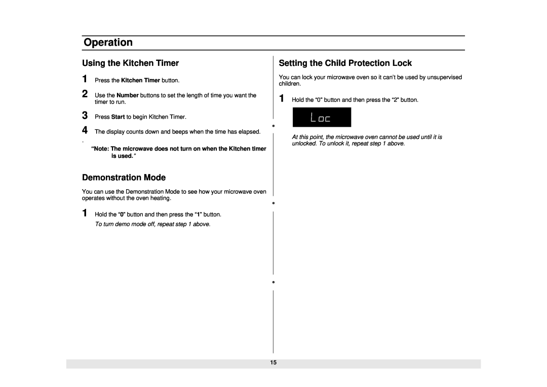 Samsung MW1020BA, MW1020WA manual Using the Kitchen Timer, Demonstration Mode, Setting the Child Protection Lock, Operation 