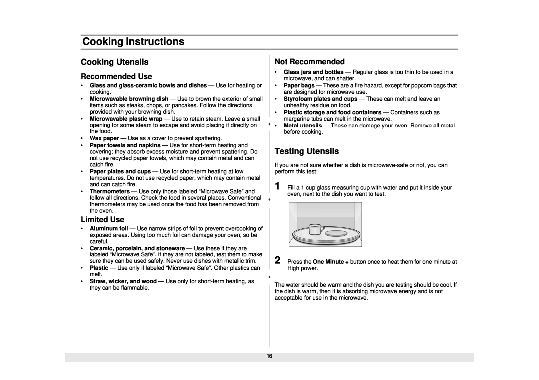Samsung MW1020WA Cooking Instructions, Cooking Utensils, Testing Utensils, Recommended Use, Limited Use, Not Recommended 