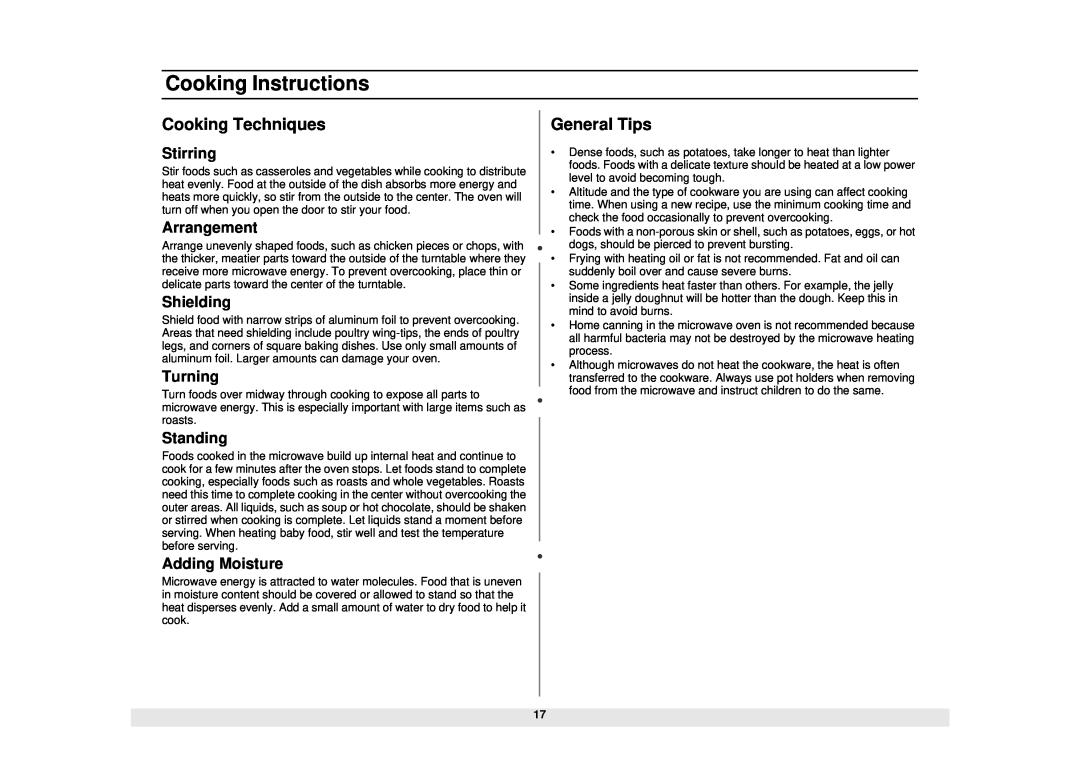 Samsung MW1020BA Cooking Techniques, General Tips, Stirring, Arrangement, Shielding, Turning, Standing, Adding Moisture 