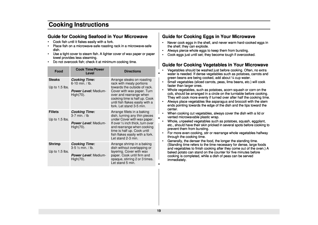 Samsung MW1020BA manual Guide for Cooking Seafood in Your Microwave, Guide for Cooking Eggs in Your Microwave, Cooking Time 
