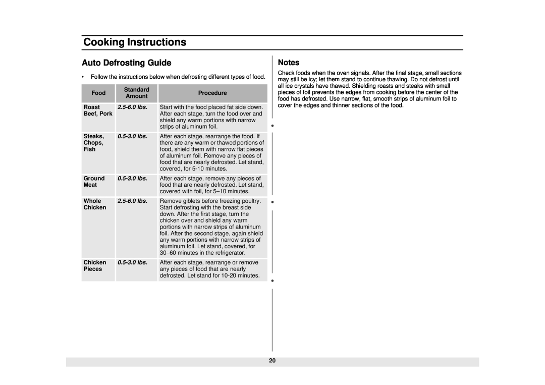 Samsung MW1020WA, MW1020BA manual Auto Defrosting Guide, Cooking Instructions, 2.5-6.0 lbs, 0.5-3.0 lbs 