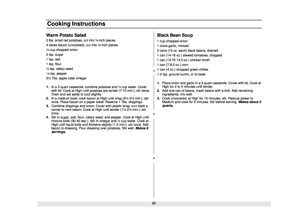 Samsung MW1020WA, MW1020BA manual Warm Potato Salad, Black Bean Soup, Cooking Instructions 
