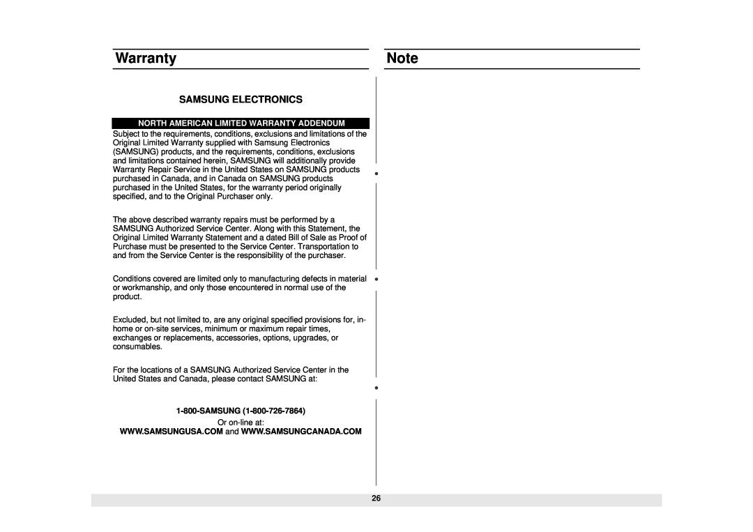 Samsung MW1020WA, MW1020BA manual Samsung Electronics, North American Limited Warranty Addendum 