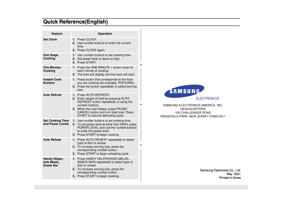 Samsung MW1020WA, MW1020BA manual Quick ReferenceEnglish, Electronics 