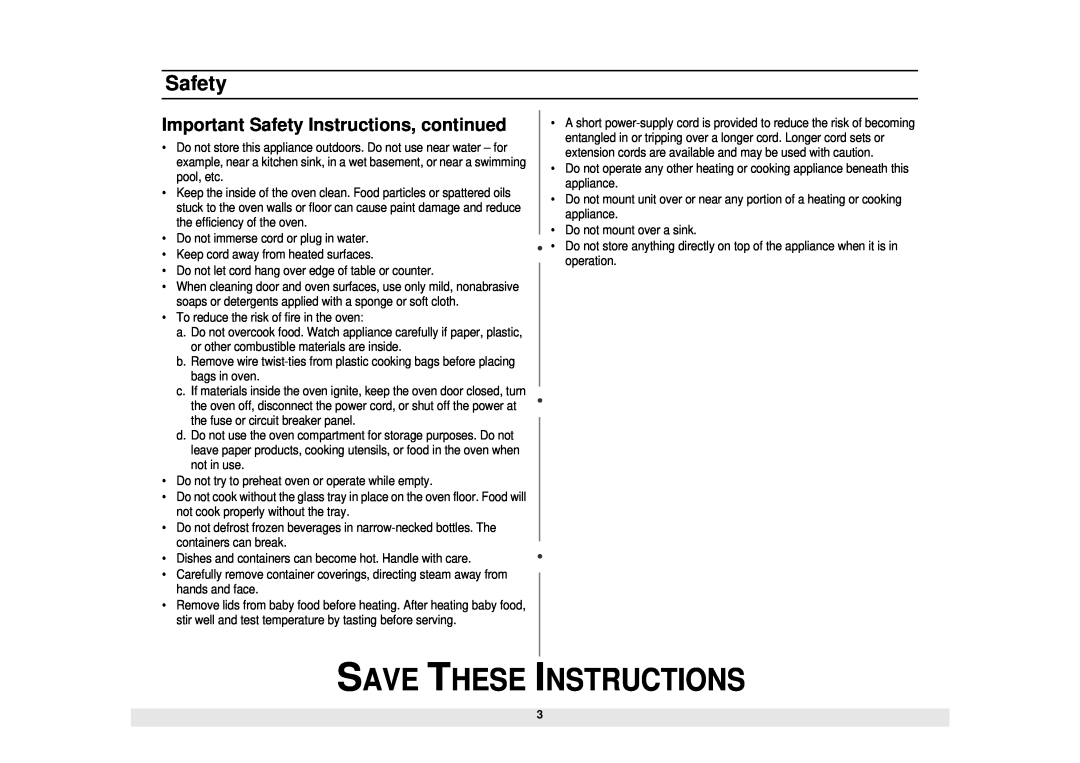 Samsung MW1020BA, MW1020WA manual Important Safety Instructions, continued, Save These Instructions 