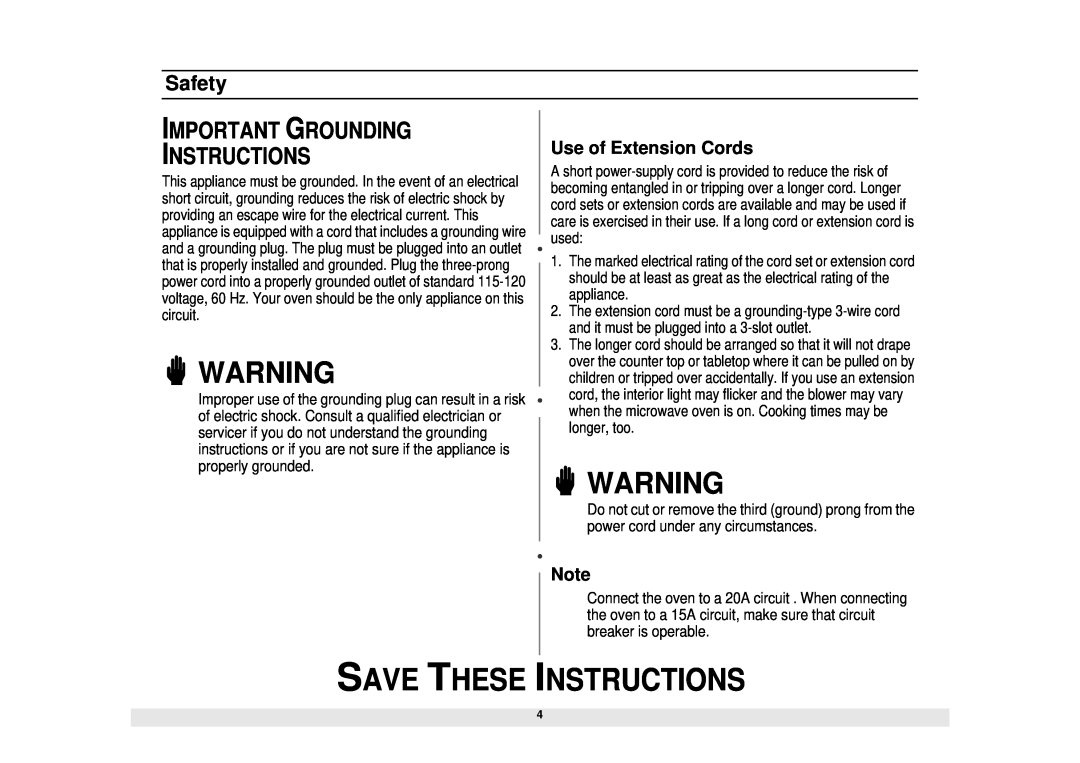 Samsung MW1020WA, MW1020BA manual Important Grounding Instructions, Use of Extension Cords, Save These Instructions, Safety 