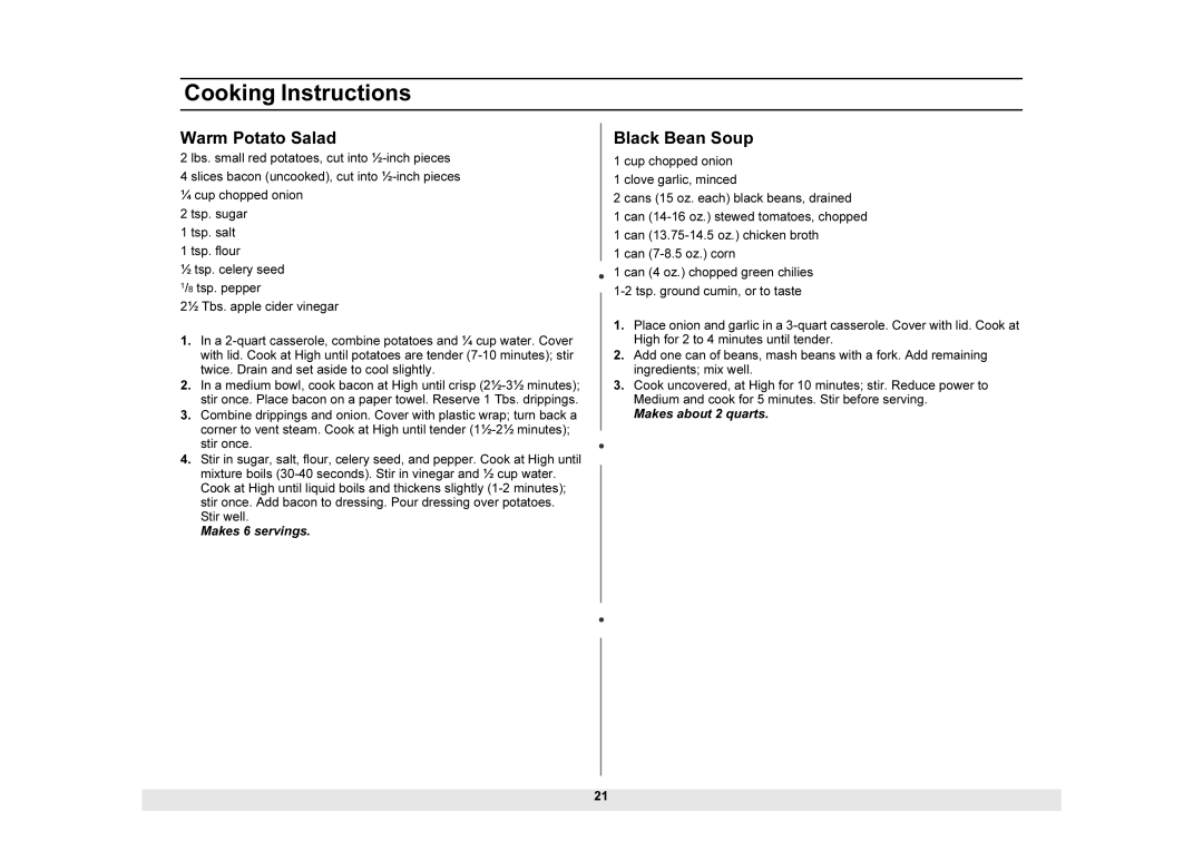 Samsung MW1225BB, MW1025SB manual Warm Potato Salad, Black Bean Soup, Twice. Drain and set aside to cool slightly, Stir once 