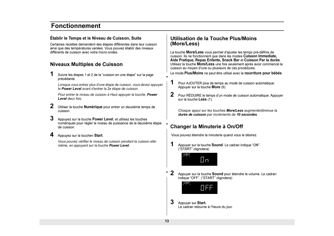 Samsung DE68-01937A, MW1025SB, MW1025BB manual Utilisation de la Touche Plus/Moins More/Less, Changer la Minuterie à On/Off 