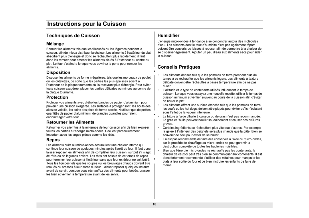 Samsung MW1225SB, MW1025SB, MW1025BB, MW1225BB, MW1225WB, DE68-01937A manual Techniques de Cuisson, Conseils Pratiques 