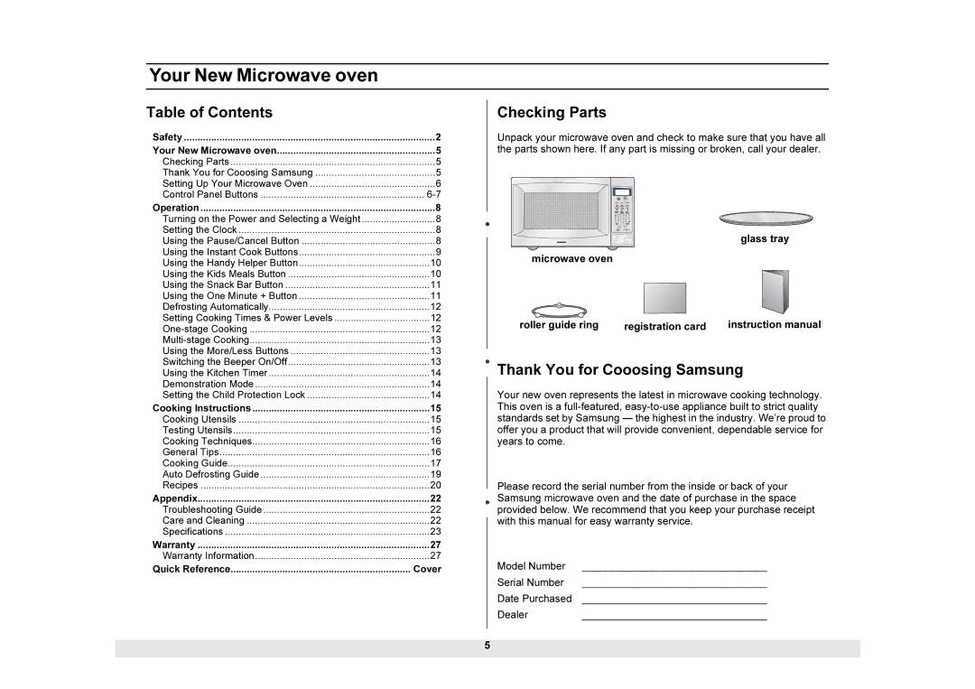 Samsung DE68-01937A, MW1025SB Your New Microwave oven, Table of Contents, Checking Parts, Thank You for Cooosing Samsung 