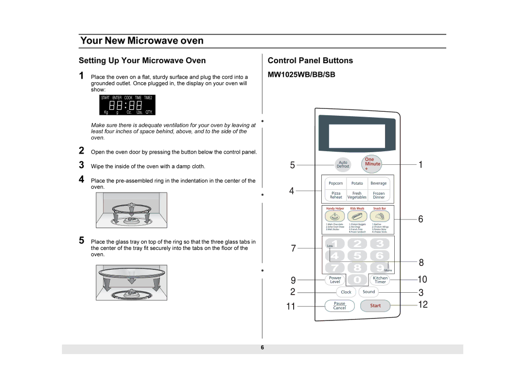 Samsung MW1025SB, MW1025BB, MW1225SB, MW1225BB, MW1225WB, DE68-01937A Setting Up Your Microwave Oven, Control Panel Buttons 