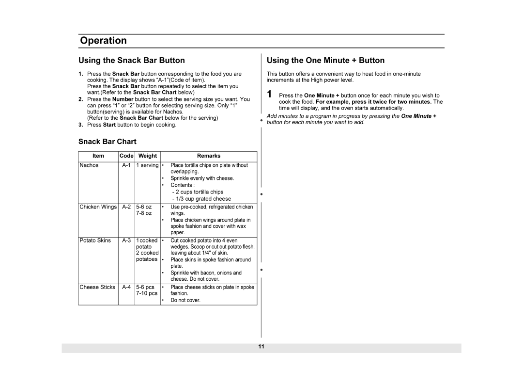 Samsung MW1025WB owner manual Using the Snack Bar Button, Using the One Minute + Button, Snack Bar Chart 