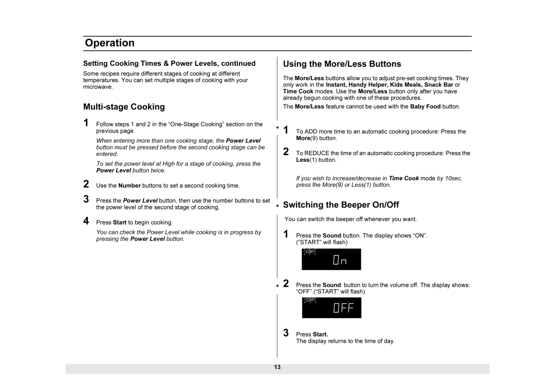 Samsung MW1025WB owner manual Using the More/Less Buttons, Switching the Beeper On/Off 