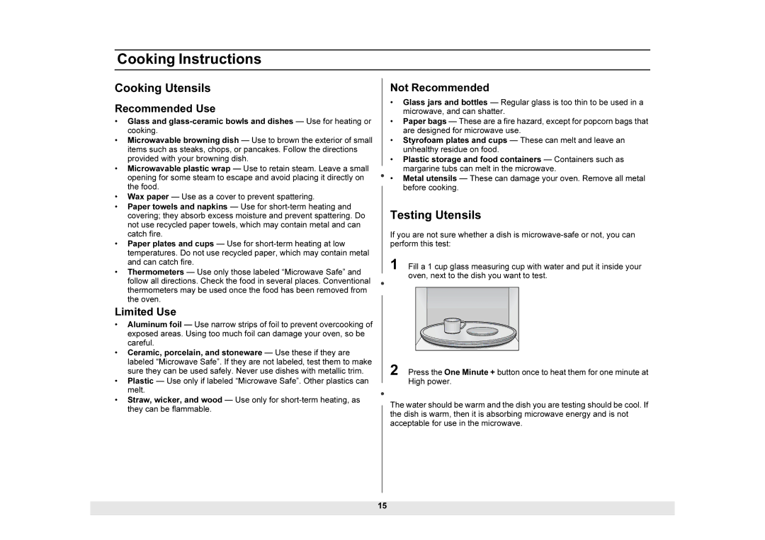 Samsung MW1025WB owner manual Cooking Instructions, Cooking Utensils, Testing Utensils 