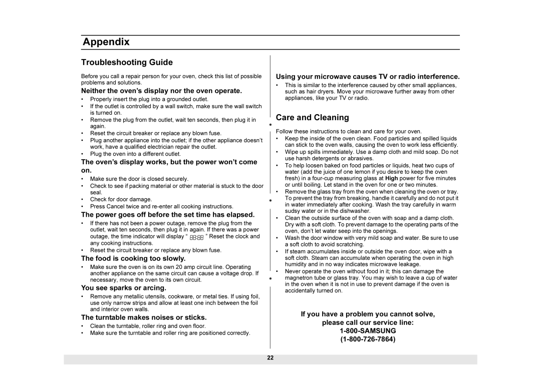 Samsung MW1025WB owner manual Appendix, Troubleshooting Guide, Care and Cleaning 