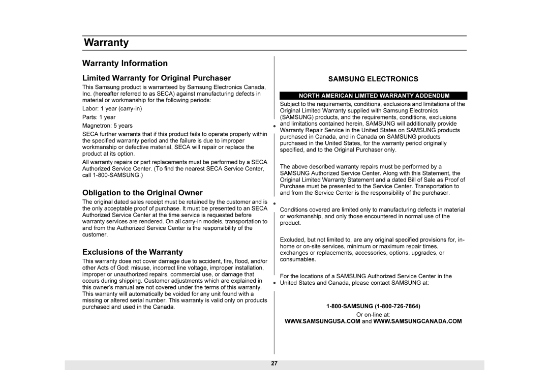 Samsung MW1025WB Warranty Information, Limited Warranty for Original Purchaser, Obligation to the Original Owner 