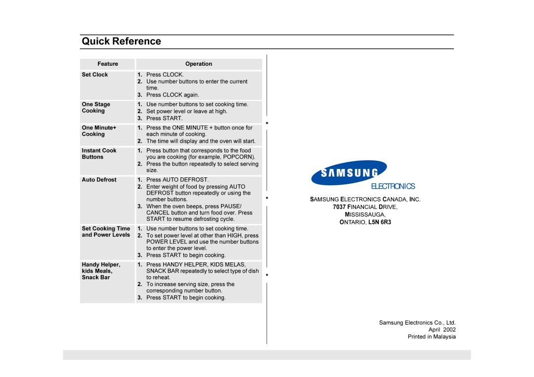 Samsung MW1025WB owner manual Quick Reference 