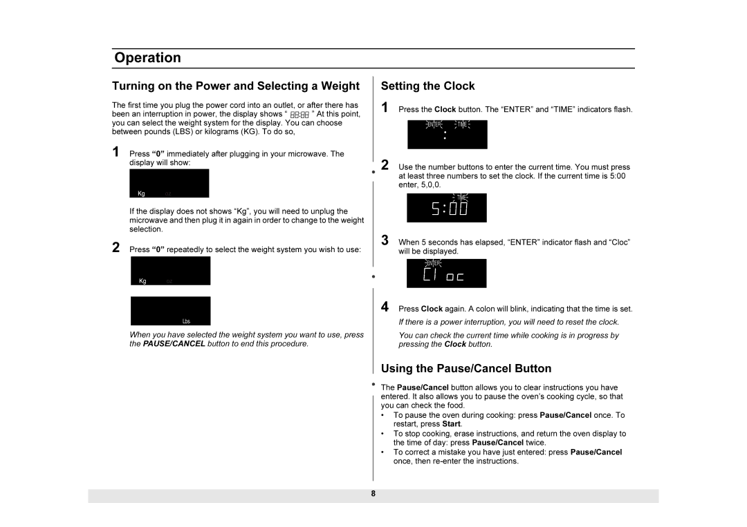 Samsung MW1025WB Operation, Turning on the Power and Selecting a Weight, Setting the Clock, Using the Pause/Cancel Button 